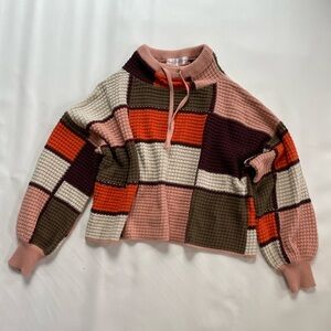 Patchwork Textured Oversized Crop Cowl Neck Sweater Boutique Womens XL